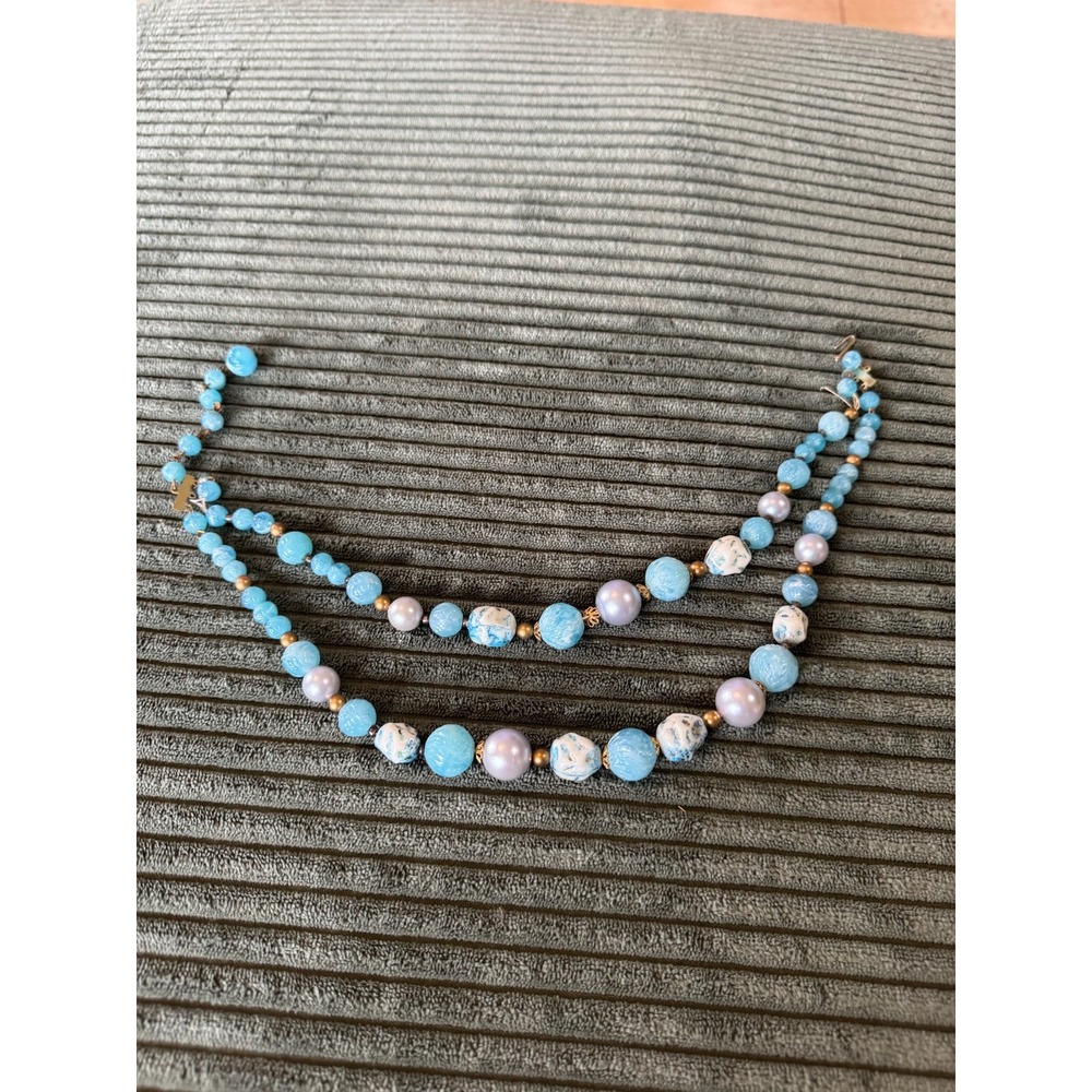 Vintage‎ West Germany Blue Bead Necklace Double Strand Gold Hardware